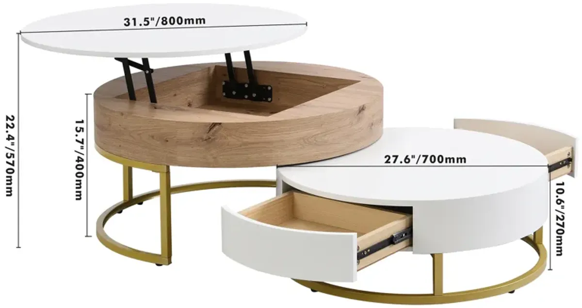 Merax Modern Round Lift-top Nesting Coffee Tables with 2 Drawers