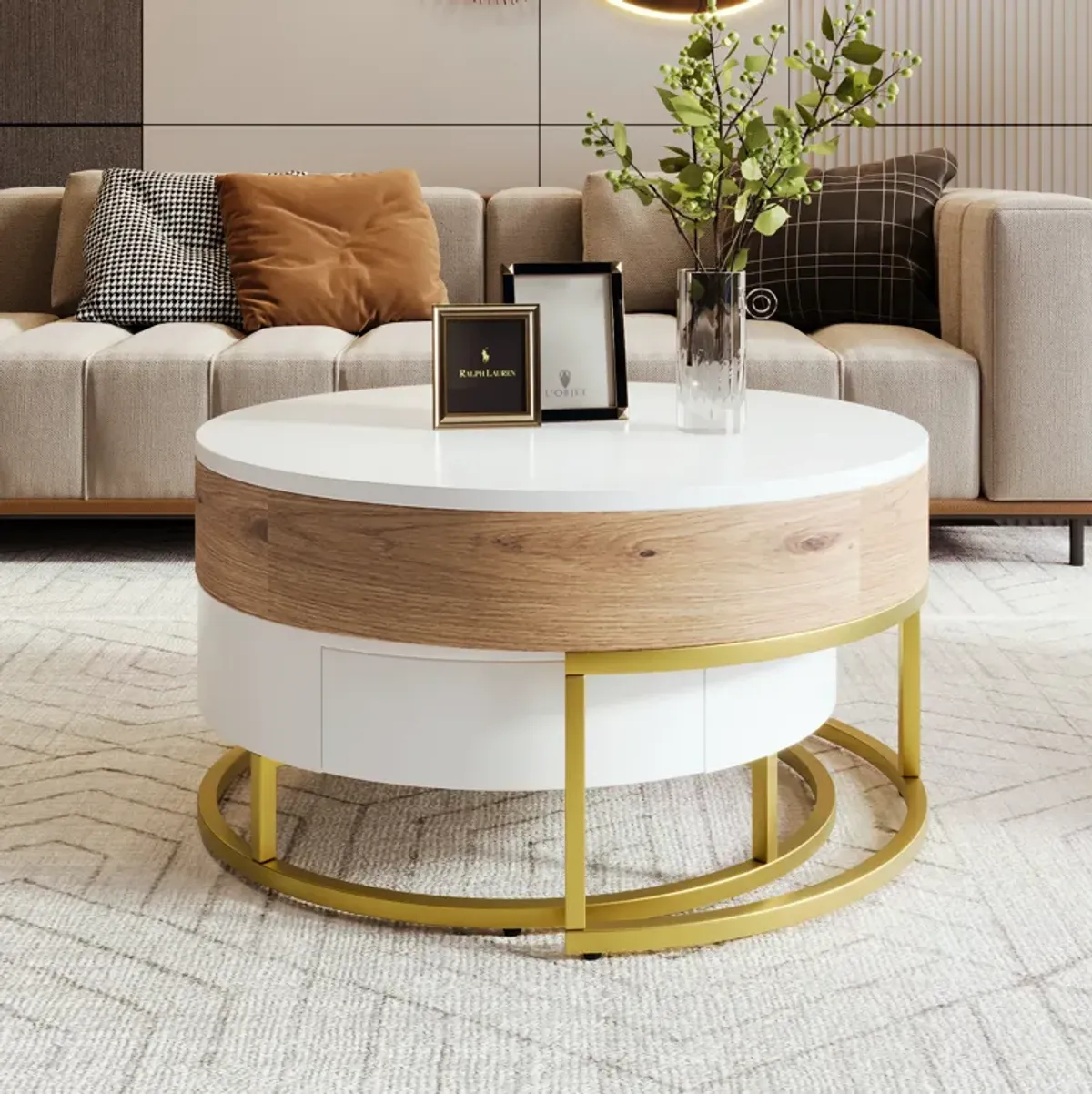 Merax Modern Round Lift-top Nesting Coffee Tables with 2 Drawers