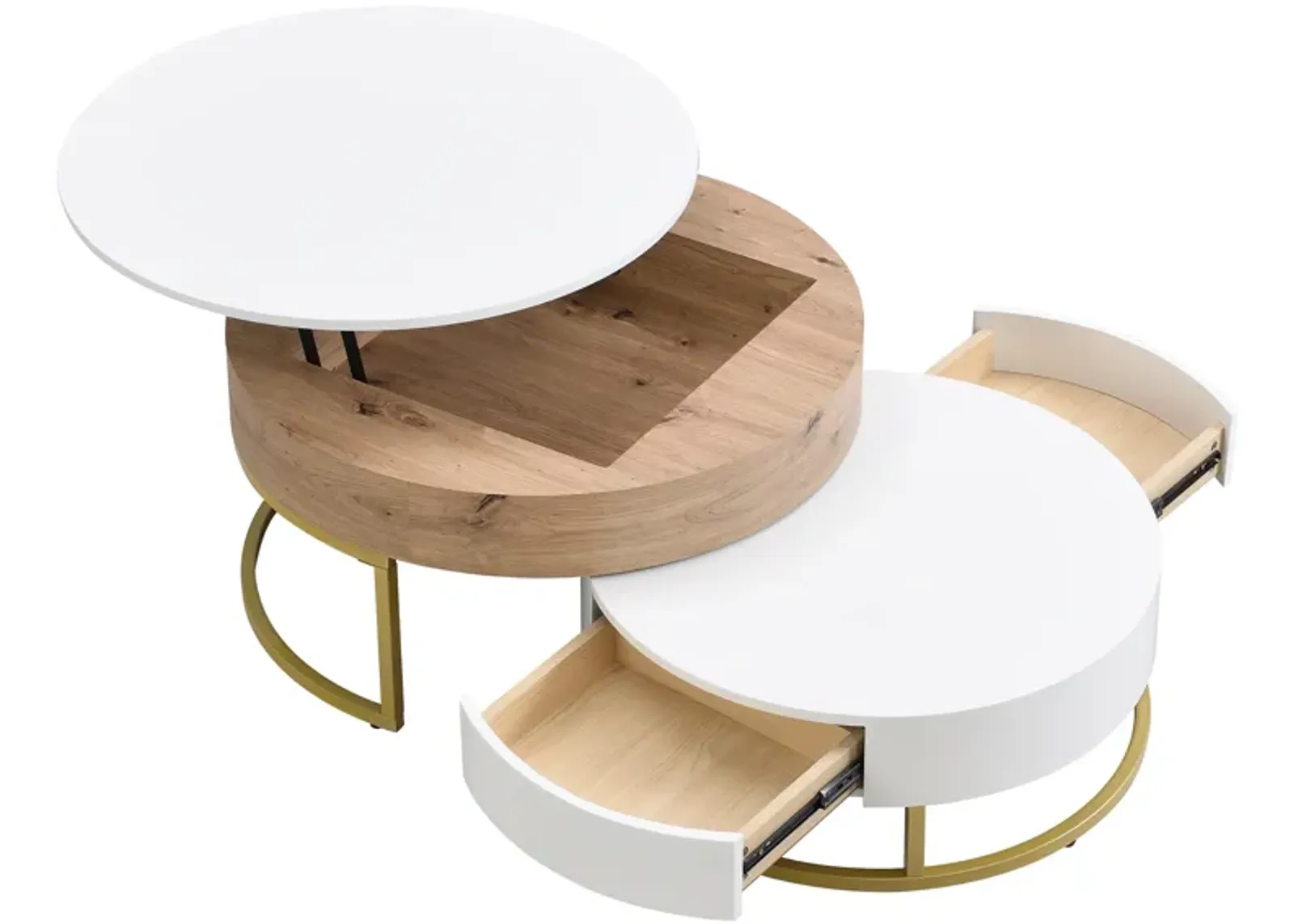 Merax Modern Round Lift-top Nesting Coffee Tables with 2 Drawers