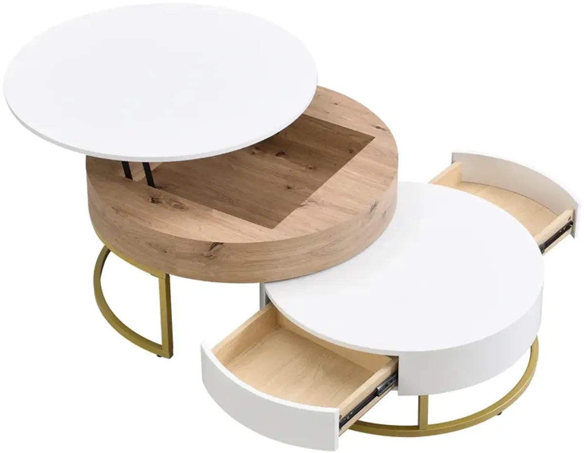 Merax Modern Round Lift-top Nesting Coffee Tables with 2 Drawers