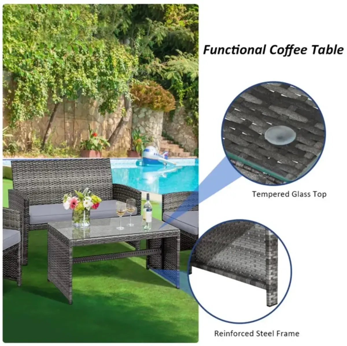 Hivvago 4 Pieces Patio Rattan Furniture Set with Glass Table and Loveseat