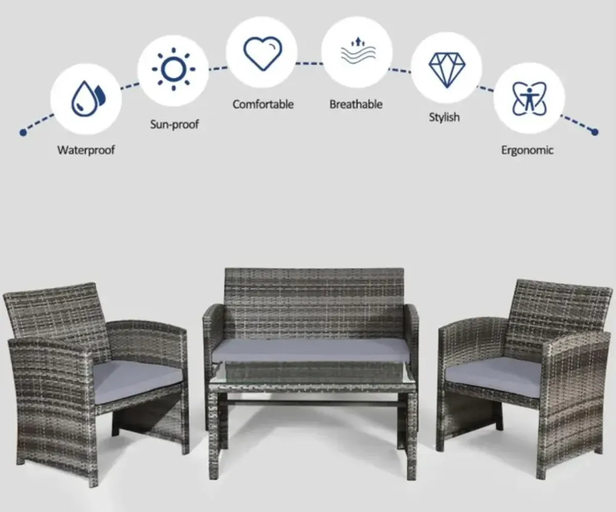 Hivvago 4 Pieces Patio Rattan Furniture Set with Glass Table and Loveseat