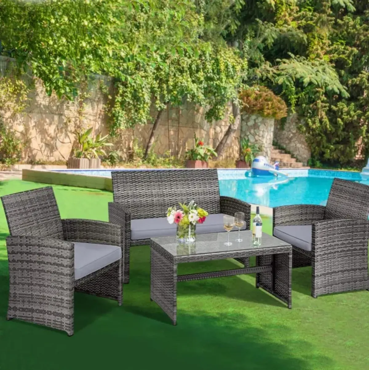 Hivvago 4 Pieces Patio Rattan Furniture Set with Glass Table and Loveseat