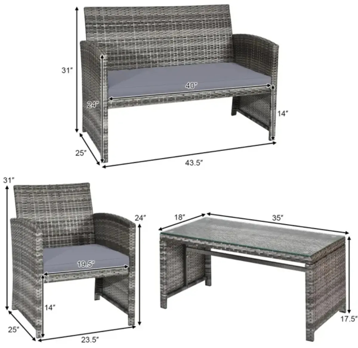 Hivvago 4 Pieces Patio Rattan Furniture Set with Glass Table and Loveseat