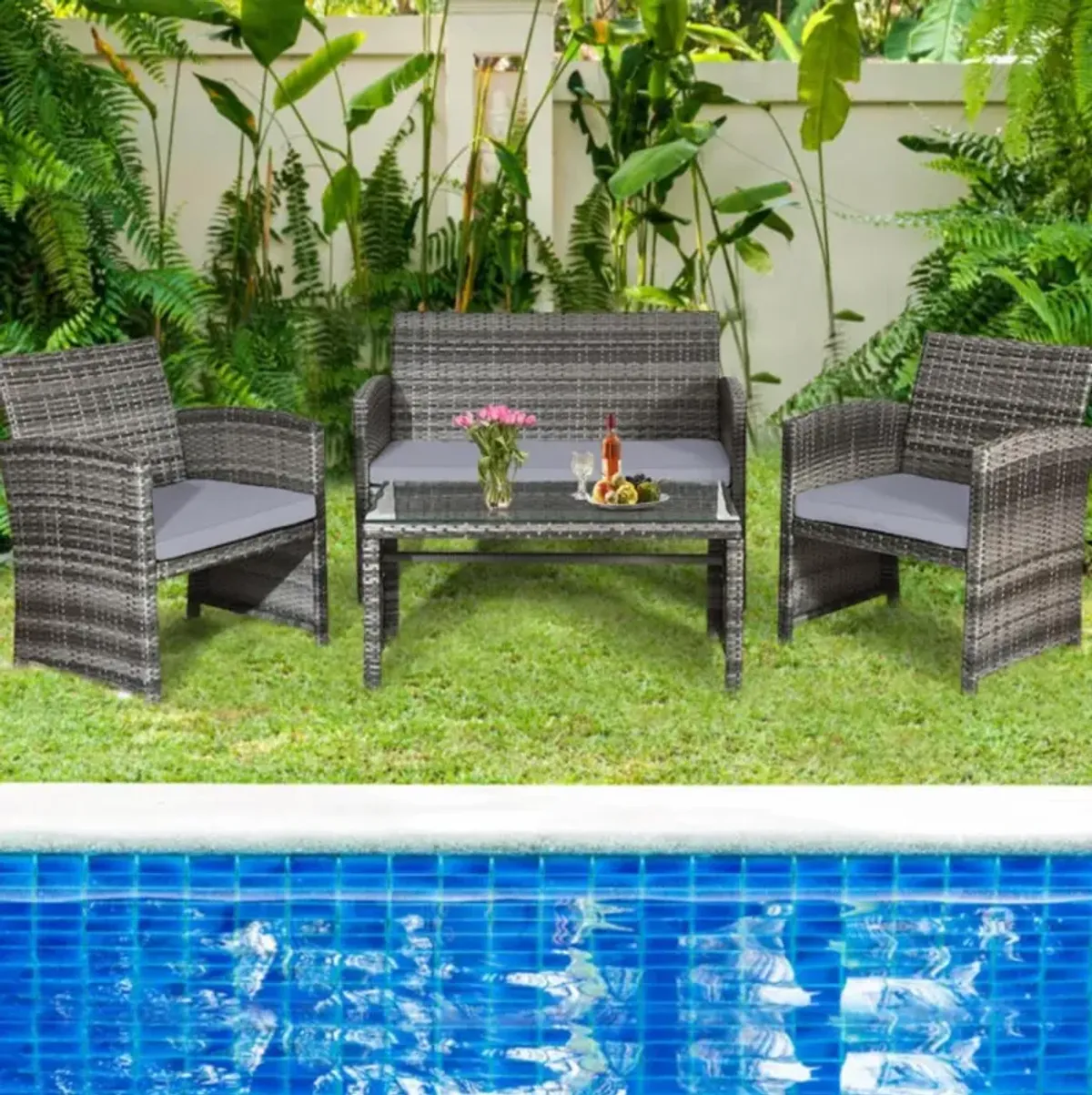 Hivvago 4 Pieces Patio Rattan Furniture Set with Glass Table and Loveseat