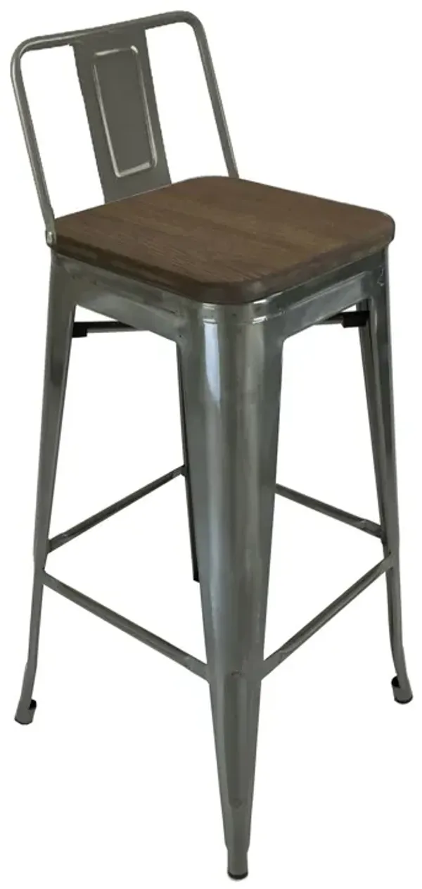 Trace 30 Inch Barstool Chair, Set of 4, Low Back, Wood Seat, Light Gray Metal - Benzara