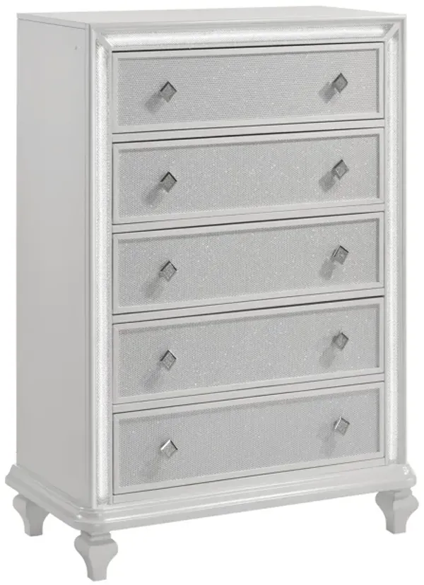 Stacy Tall Dresser Chest with 5 Drawers and LED Lights, White Wood - Benzara