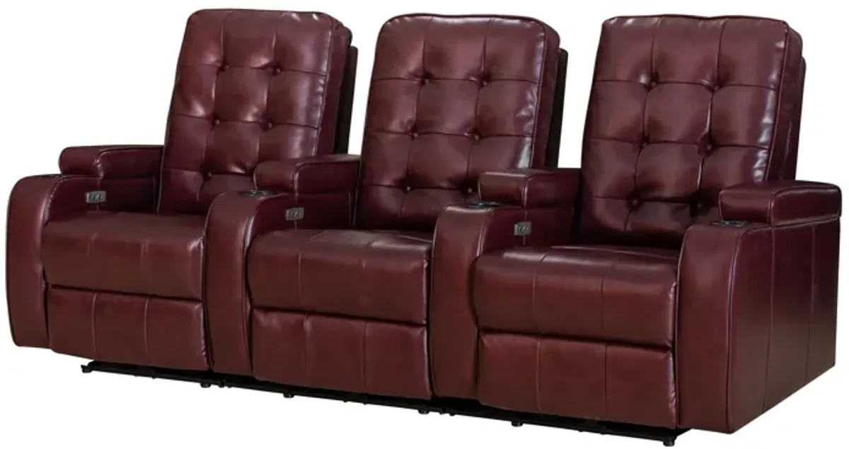 FC Design Burgundy Air Leather Cinema Home Theater Seating 3-Seat Power Sofa Recliner Chair with Cup Holders and USB Port