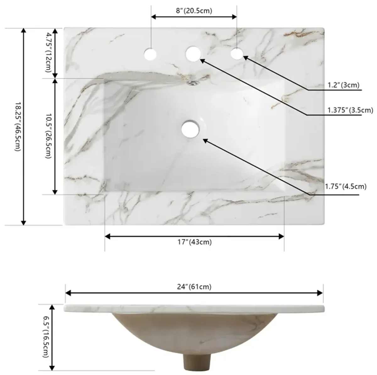 Ancillary 3-Hole Classic Contemporary Rectangular Ceramic Single Sink Basin Vanity Top