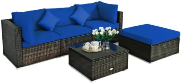 5 Pieces Outdoor Patio Rattan Furniture Set Sectional Conversation with Cushions