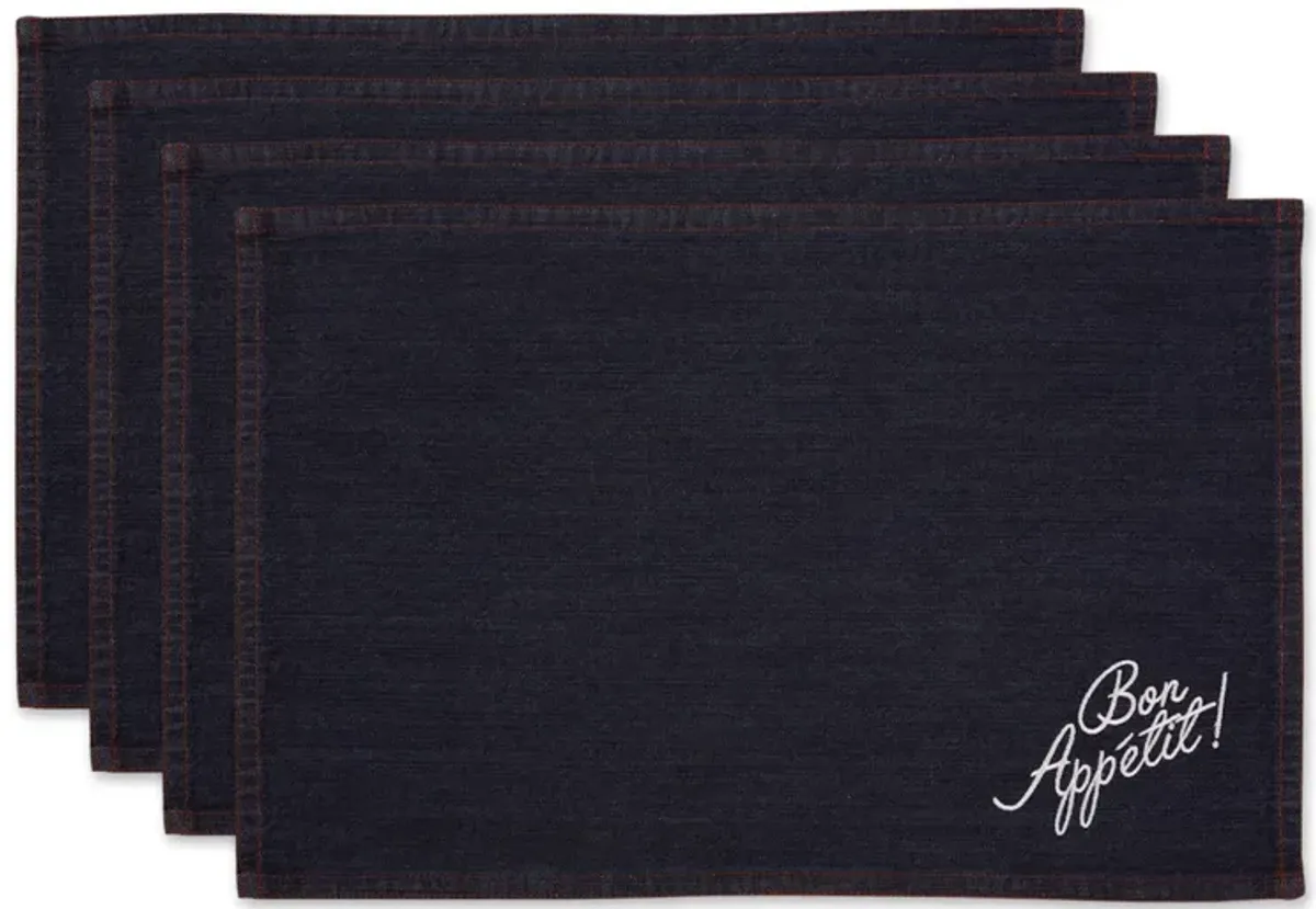 Set of 4 Blue Bon Appetit Embroidered Denim Rectangular Placemats 19"