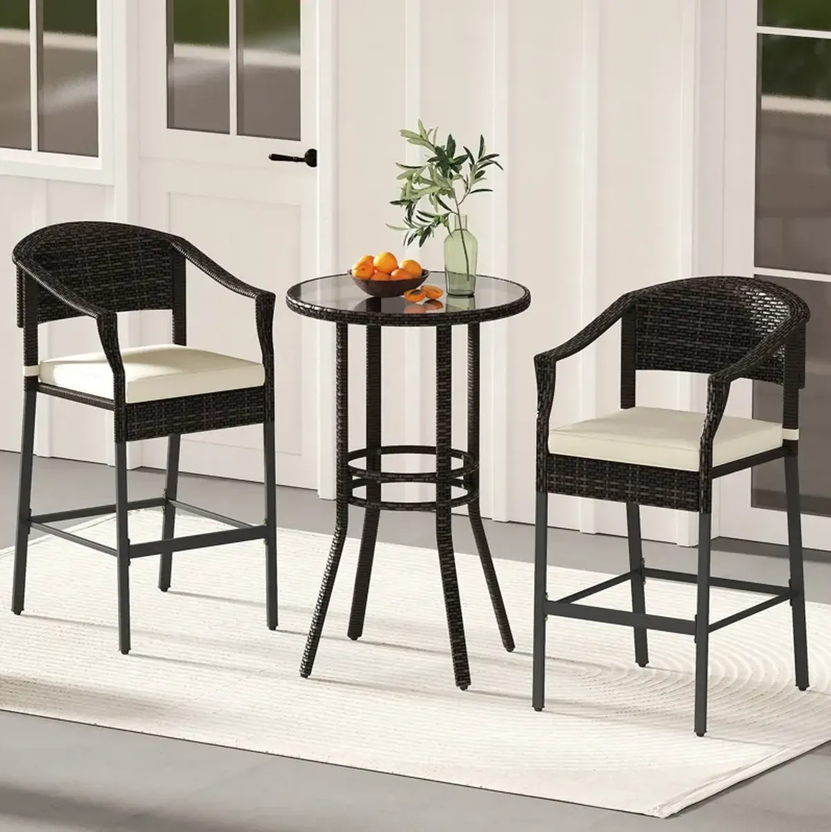 3-Piece Patio Rattan Bar Set with Tempered Glass Top for Backyard Poolside