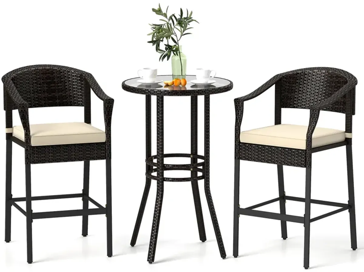 3-Piece Patio Rattan Bar Set with Tempered Glass Top for Backyard Poolside