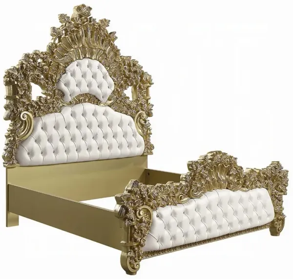 Rexx King Bed, White Faux Leather Victorian Carved, Classic Gold Wood - Benzara