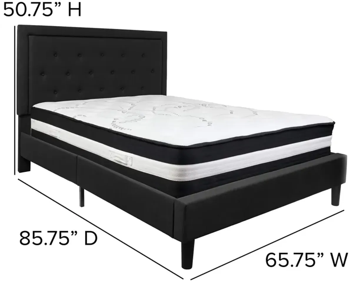 Roxbury Queen Size Tufted Upholstered Platform Bed in Black Fabric with Pocket Spring Mattress