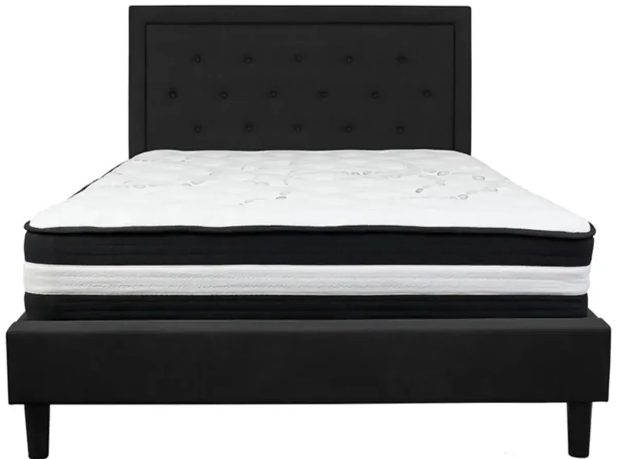 Roxbury Queen Size Tufted Upholstered Platform Bed in Black Fabric with Pocket Spring Mattress