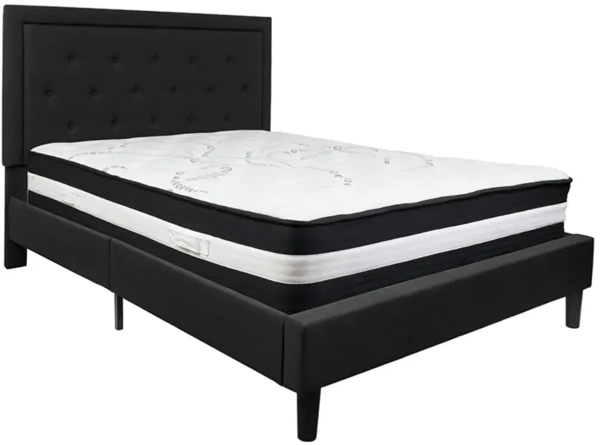 Roxbury Queen Size Tufted Upholstered Platform Bed in Black Fabric with Pocket Spring Mattress