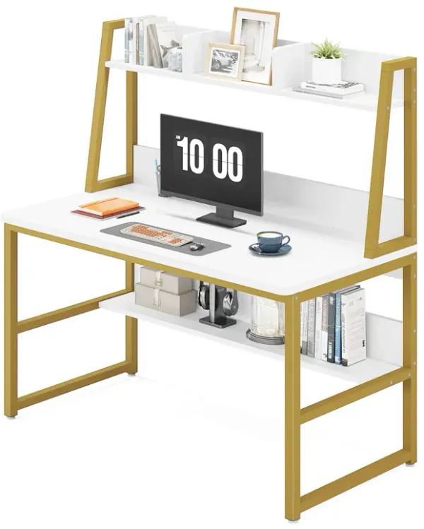 Tribesigns Computer Desk, 47 inch Office Desk with Hutch and Bookshelf, Modern Study Writing Table for Home Office (Light Walnut)