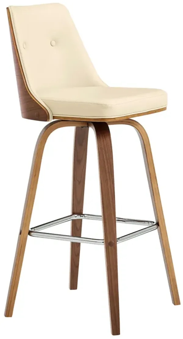 Nolte Swivel Bar Stool in Cream Faux Leather and Walnut Wood