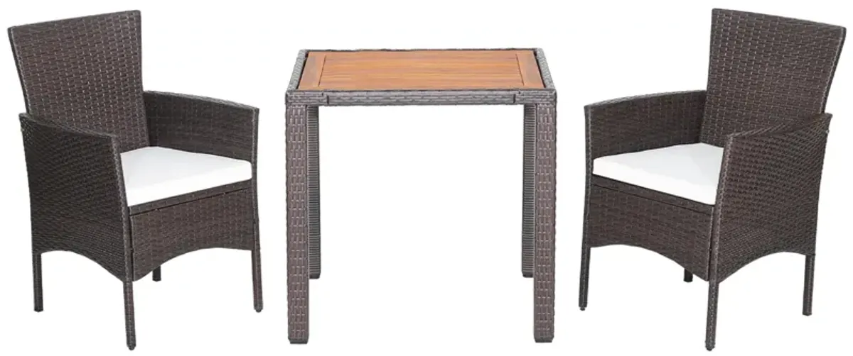 3 Pieces Patio Wicker Furniture Set wih Acacia Wood Table Top and Chair Cushiones