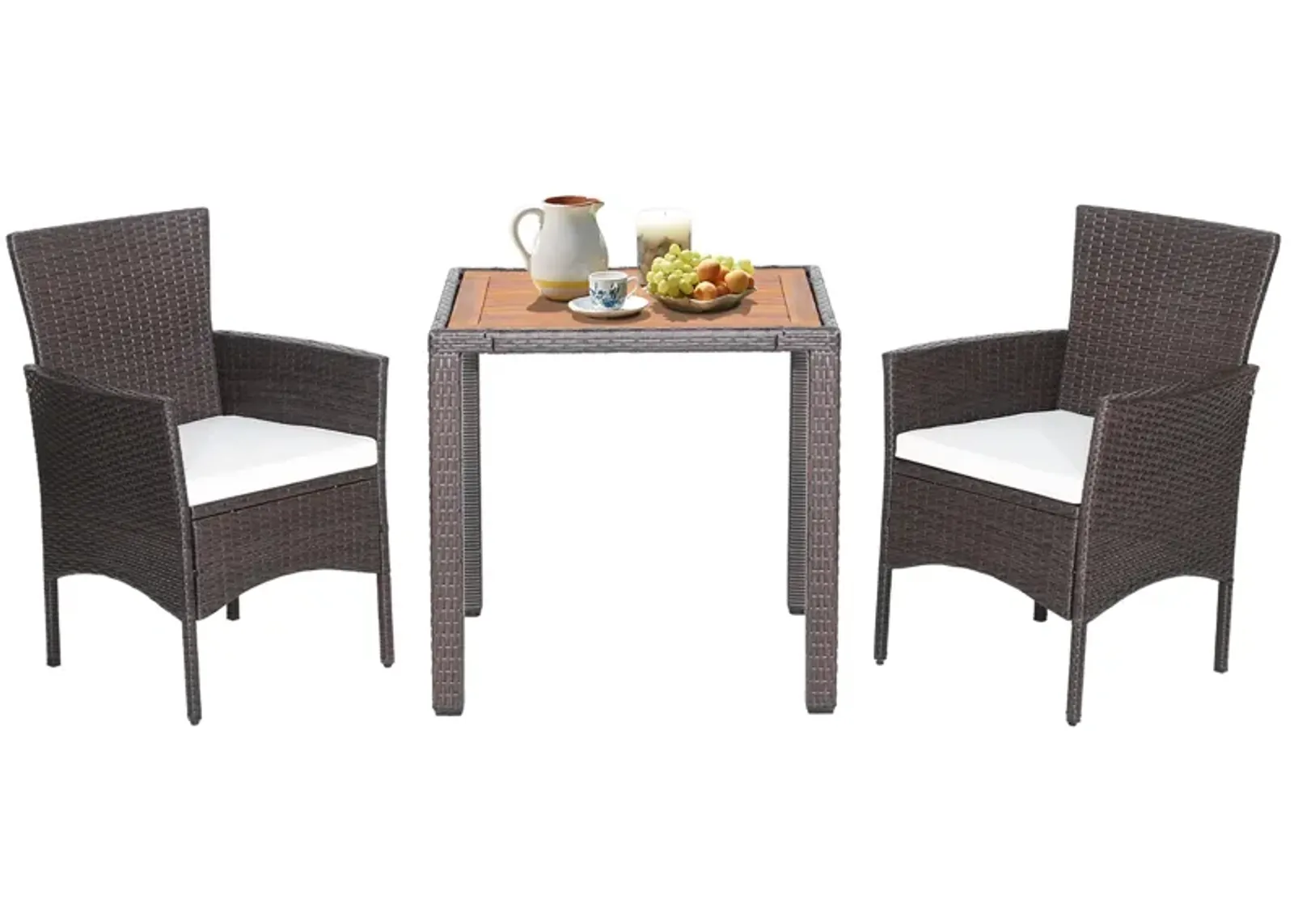 3 Pieces Patio Wicker Furniture Set wih Acacia Wood Table Top and Chair Cushiones