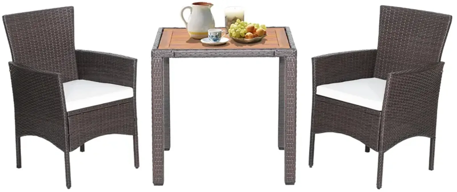 3 Pieces Patio Wicker Furniture Set wih Acacia Wood Table Top and Chair Cushiones