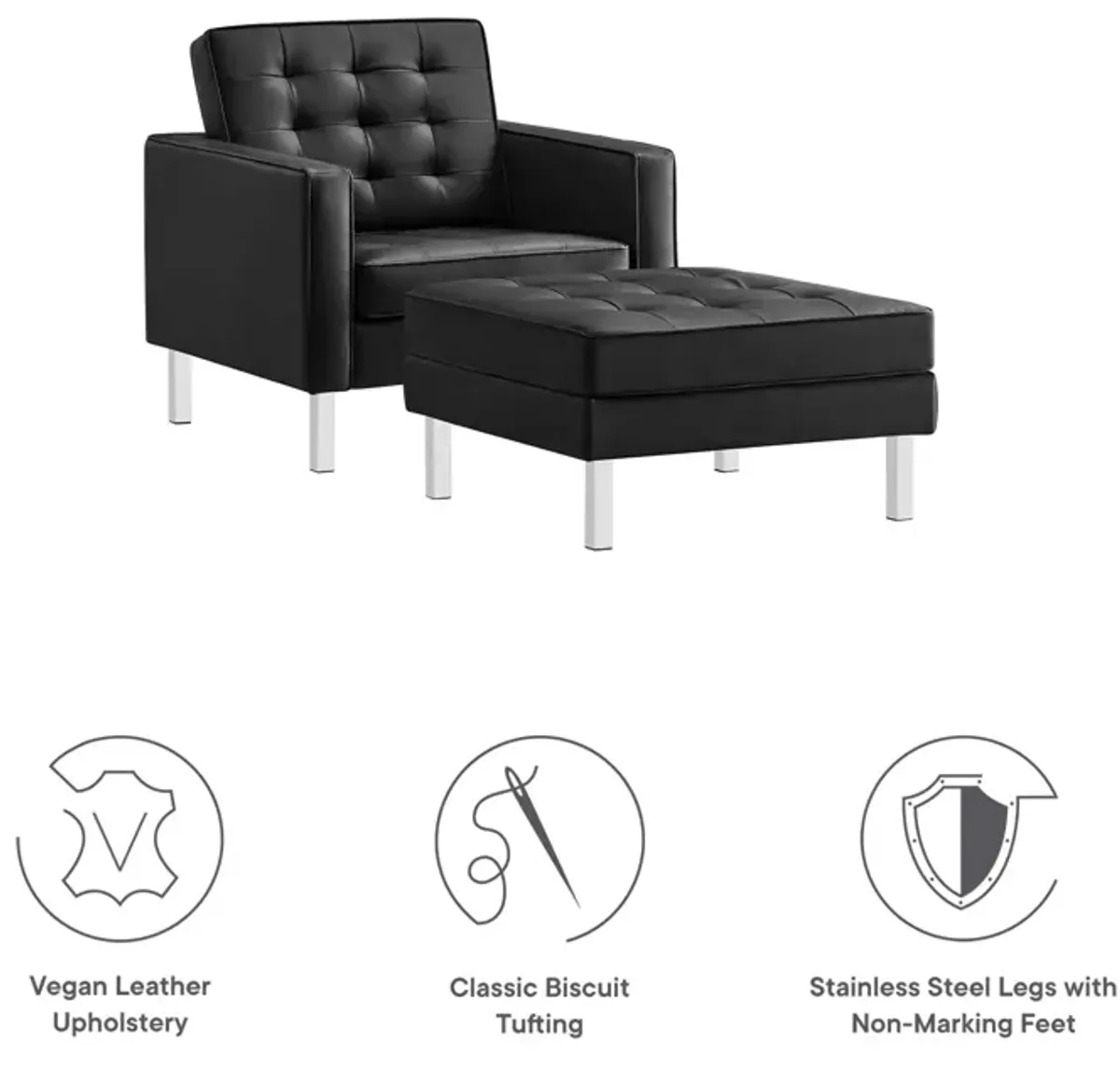 Loft Tufted Vegan Leather Armchair and Ottoman Set