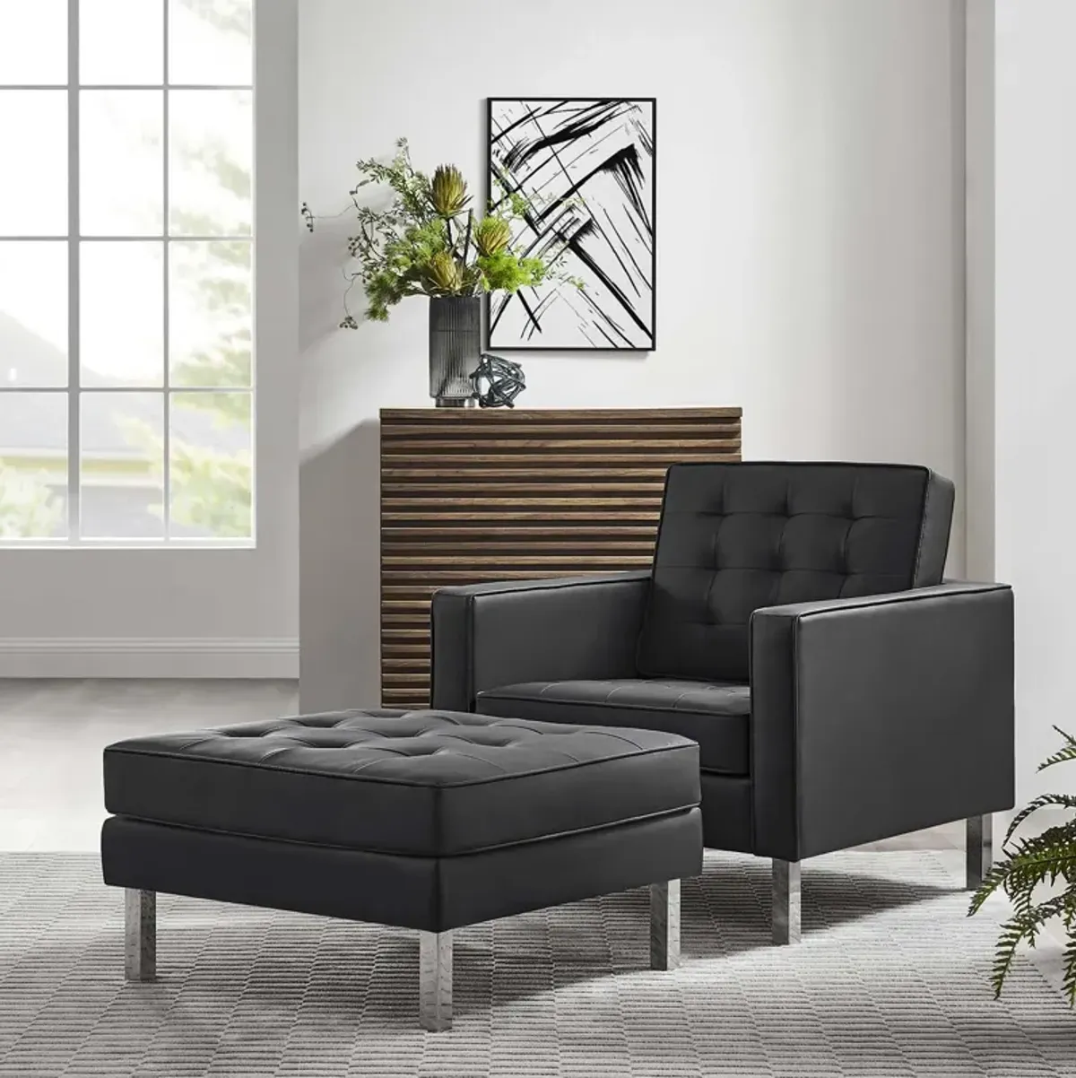 Loft Tufted Vegan Leather Armchair and Ottoman Set