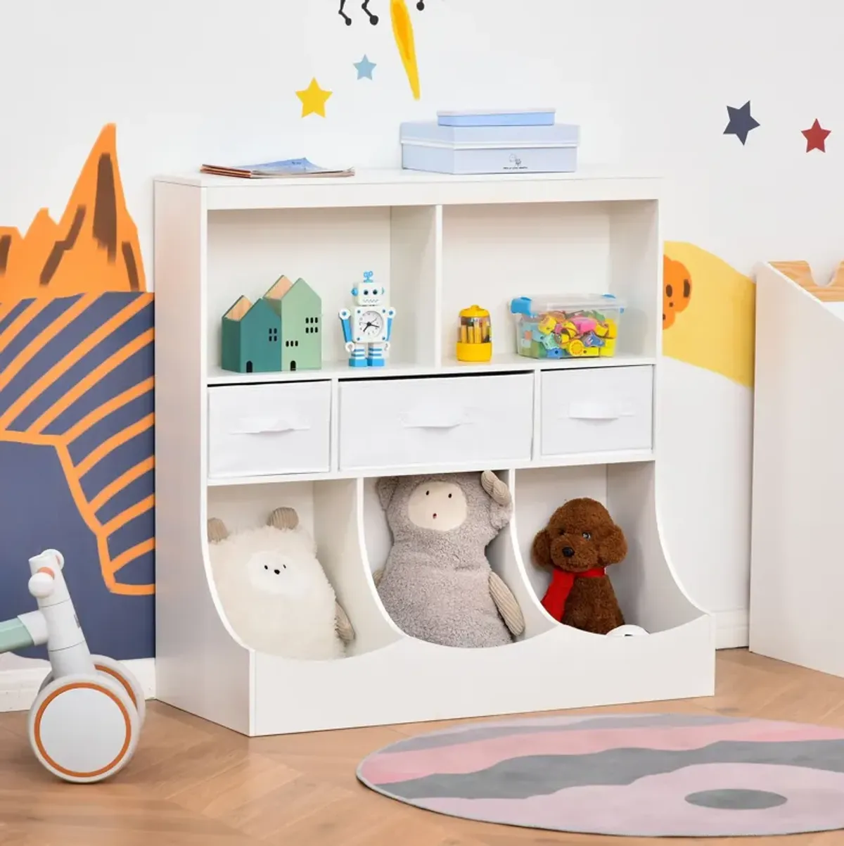 White Children's Wardrobe: Freestanding Cabinet with Bookcase and Drawers