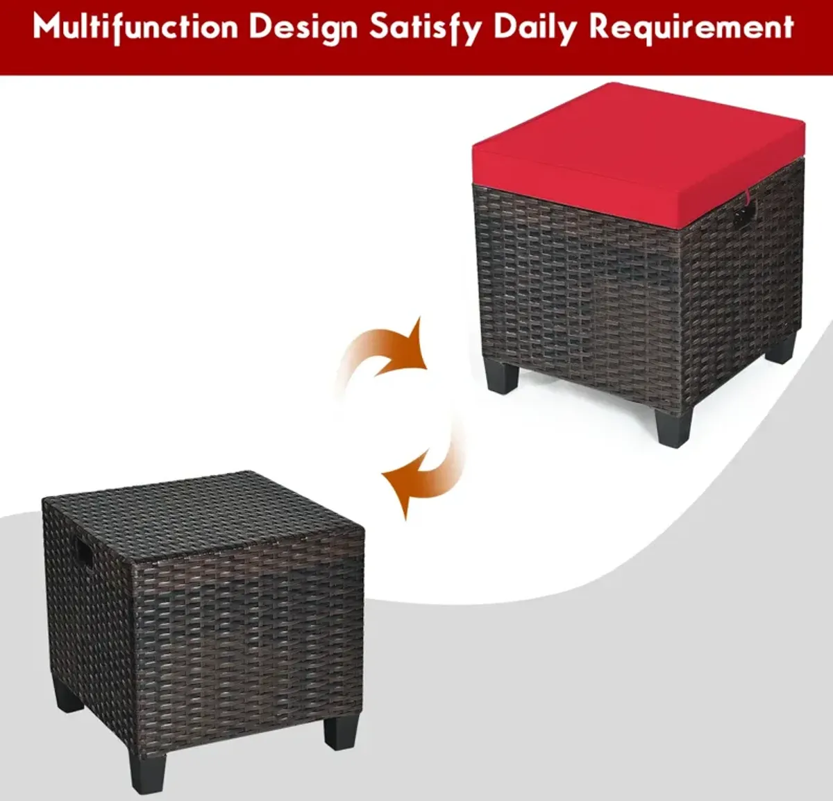 2 Pieces Patio Rattan Ottoman Set with Removable Cushions