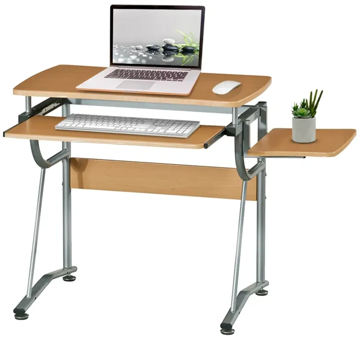 Compact Computer Desk with Side Shelf and Keyboard Panel, Cherry