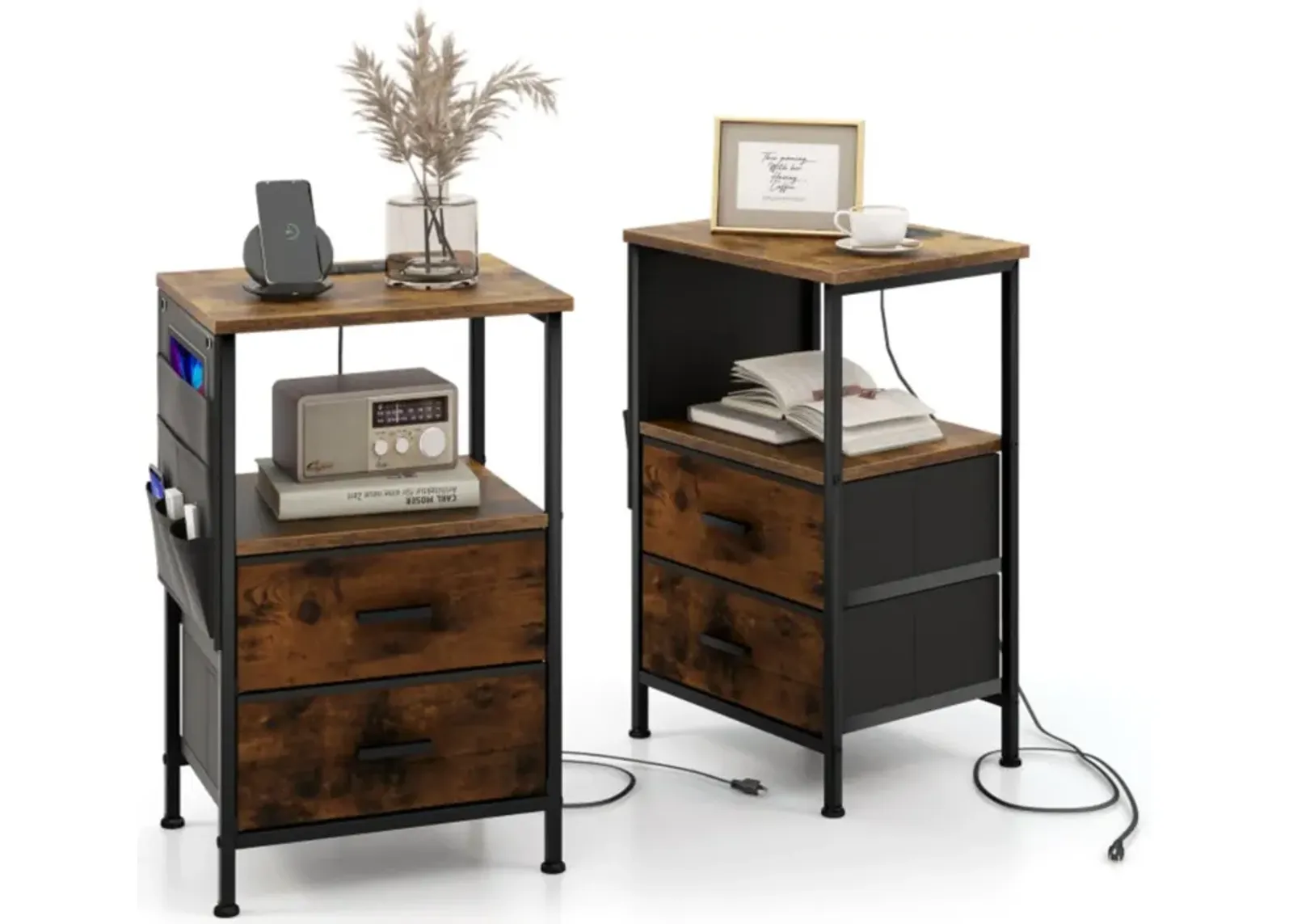 Hivvago Industrial Bedside Table with USB Ports and AC Outlets for Bedroom Living  Room