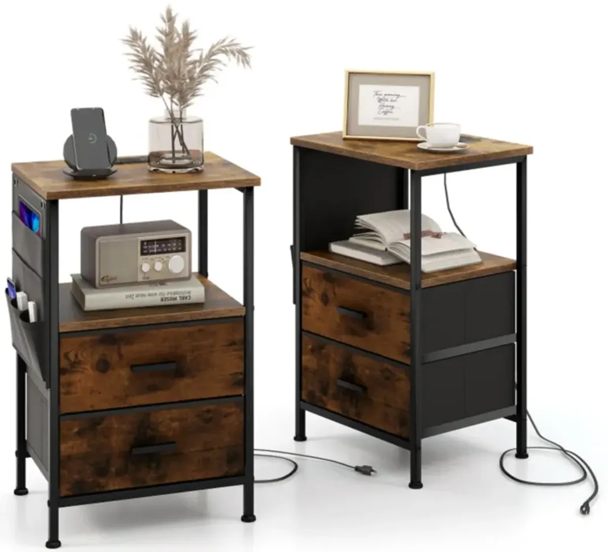 Hivvago Industrial Bedside Table with USB Ports and AC Outlets for Bedroom Living  Room