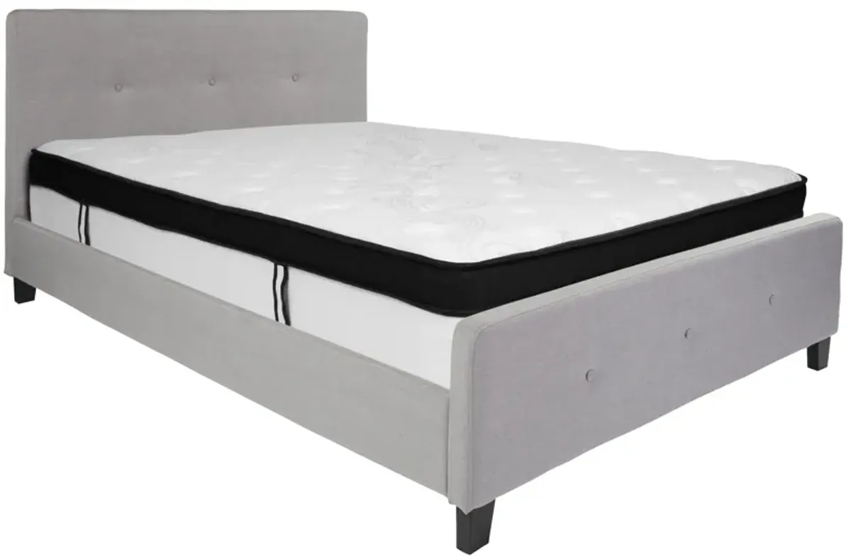 Tribeca Queen Size Tufted Upholstered Platform Bed in Light Gray Fabric with Memory Foam Mattress