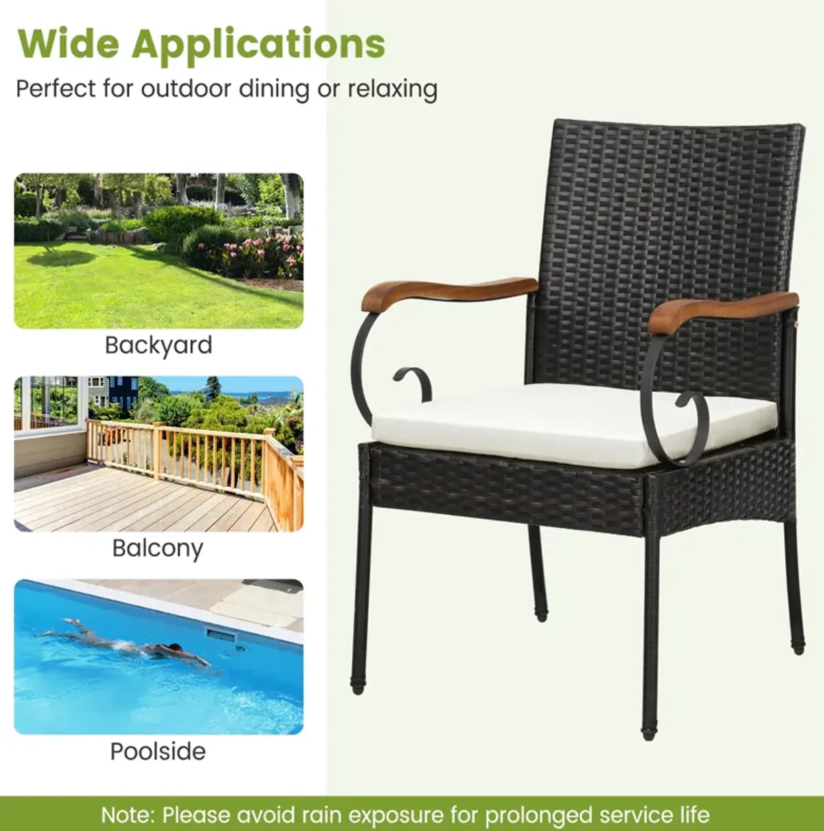 Set of 2 Outdoor PE Wicker Chair with Acacia Wood Armrests