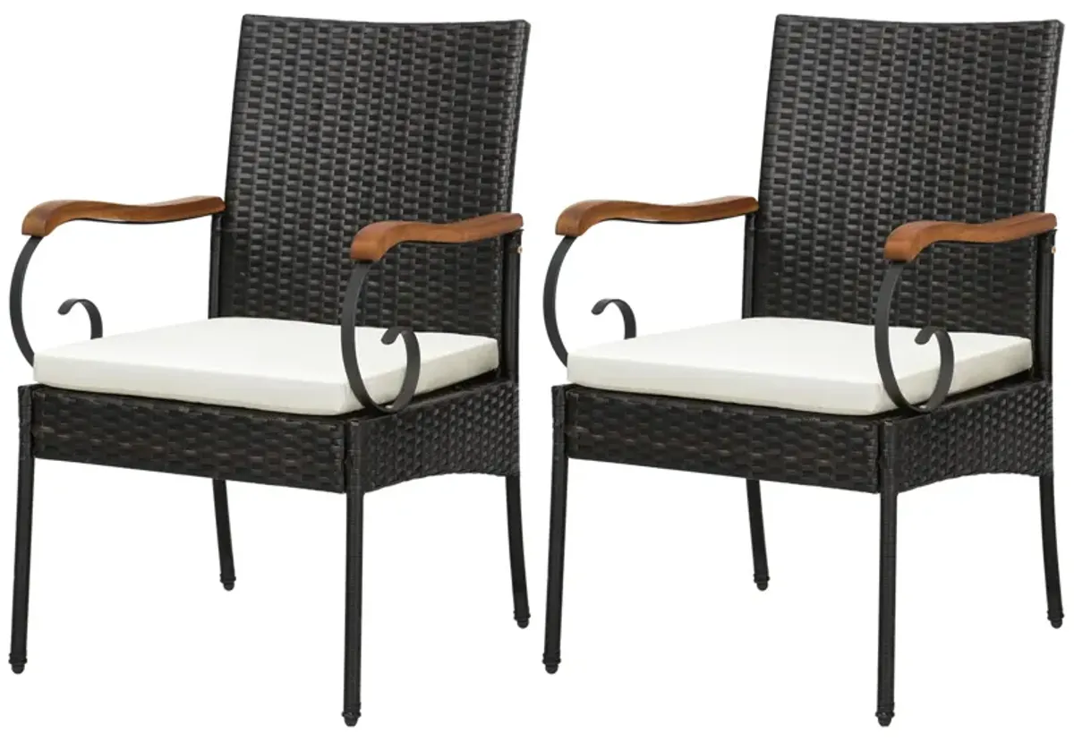 Set of 2 Outdoor PE Wicker Chair with Acacia Wood Armrests