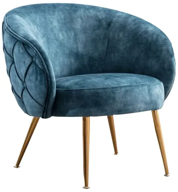 Anvi 30 Inch Accent Chair, Curved Back, Woven Diamond Pattern, Blue, Gold-Benzara