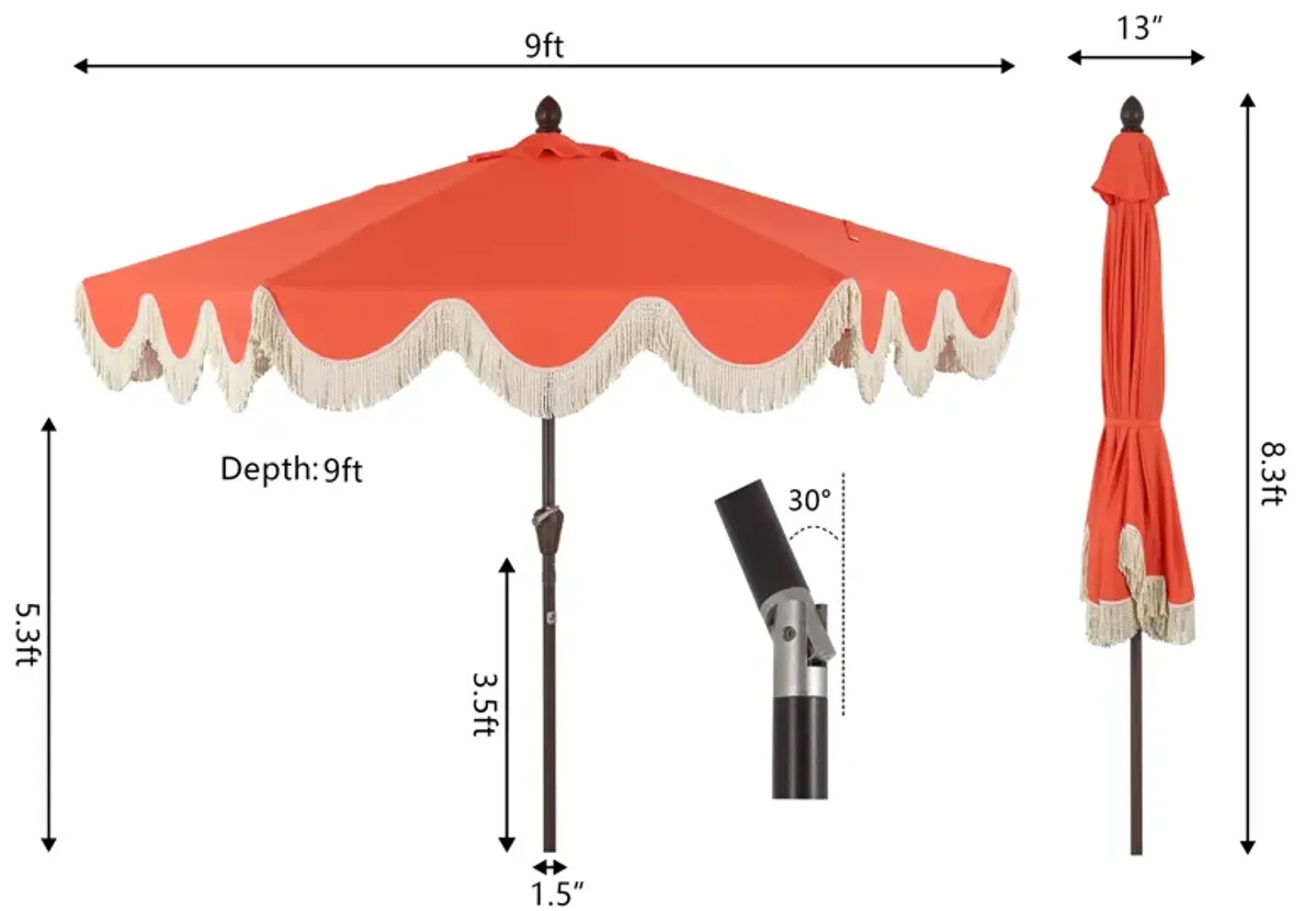 Collins Classic Cottage Tassel Market Patio Umbrella with Auto-Tilt, Crank, Wind Vent and UV Protection