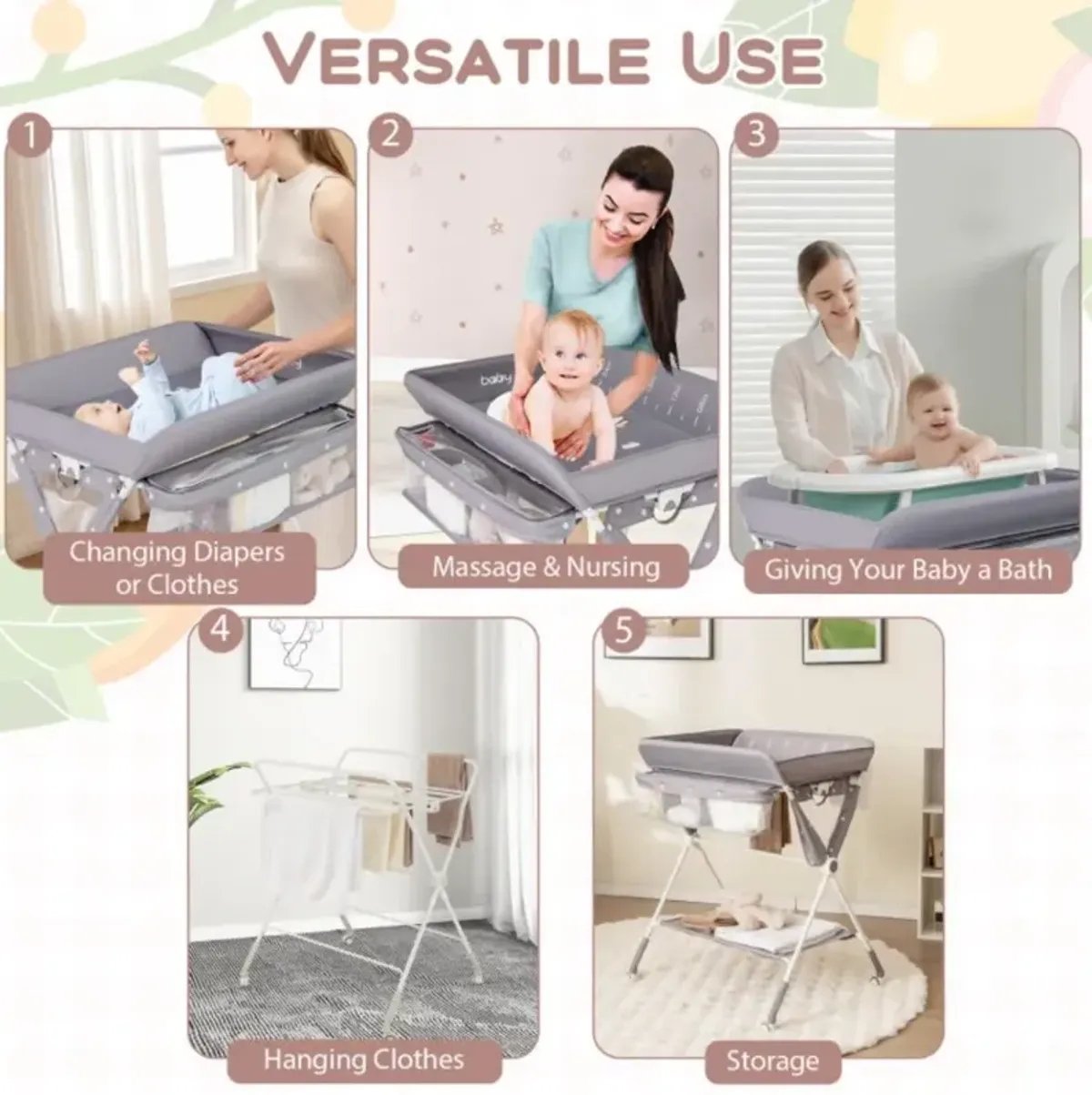 Portable Baby Changing Table with 3-Level Adjustable Height