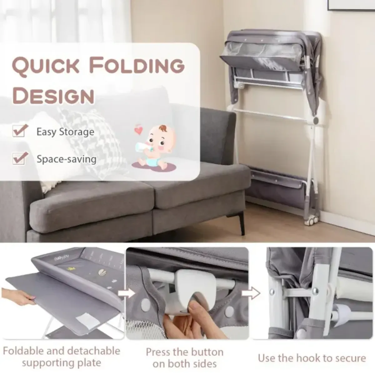 Portable Baby Changing Table with 3-Level Adjustable Height