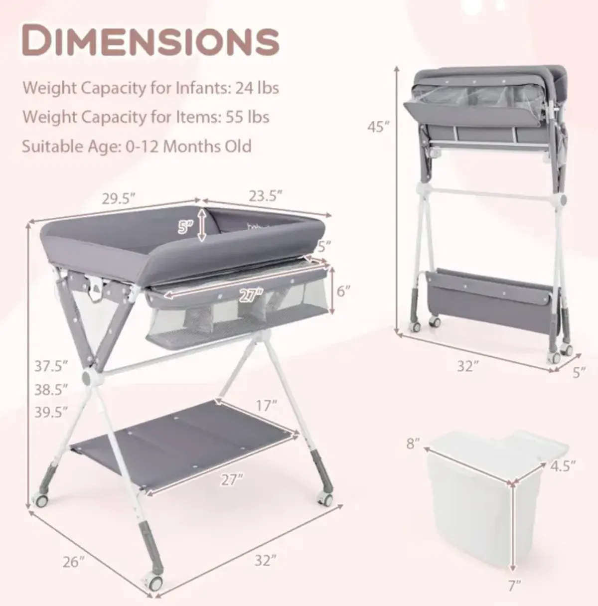 Portable Baby Changing Table with 3-Level Adjustable Height