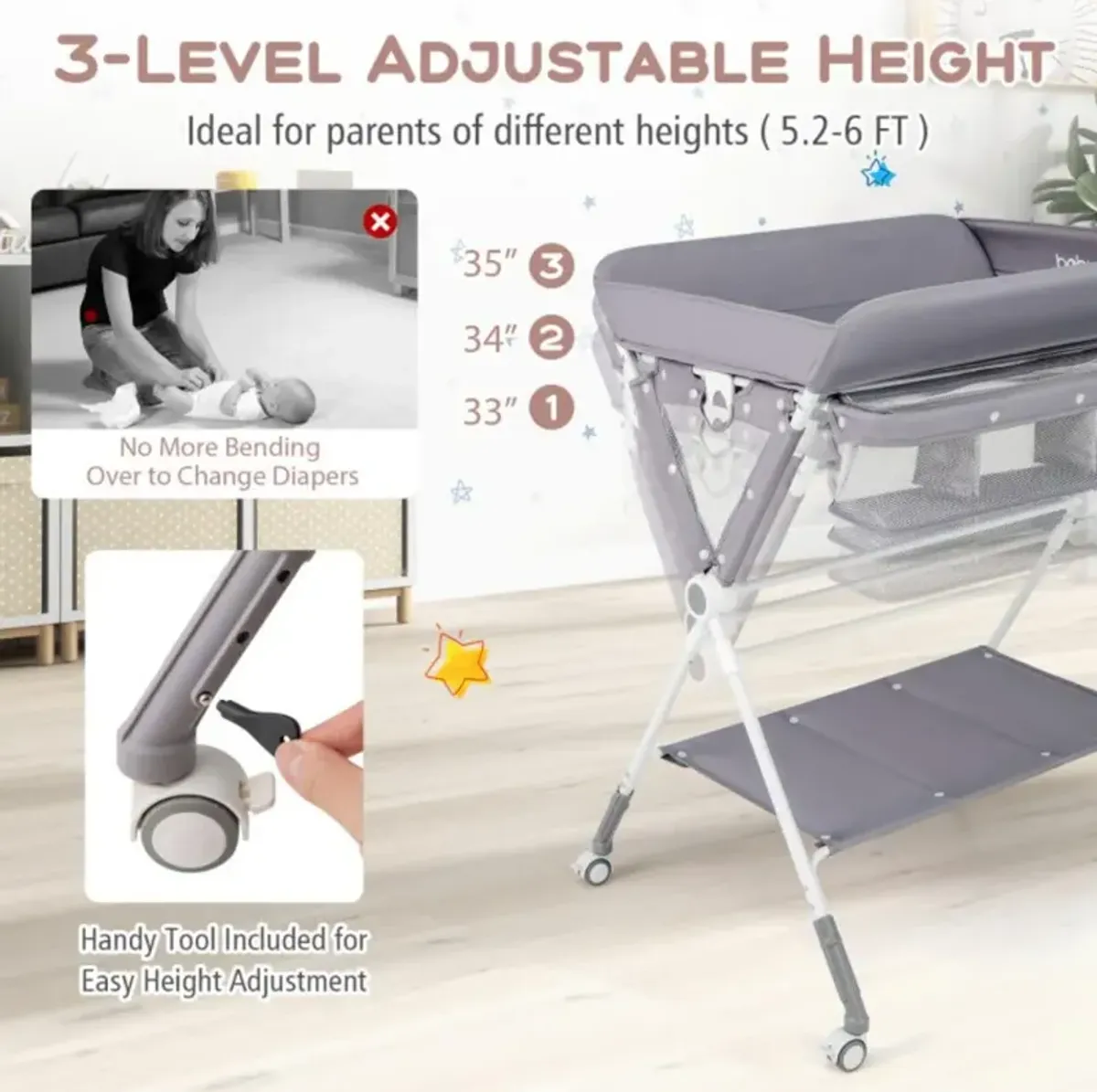 Portable Baby Changing Table with 3-Level Adjustable Height