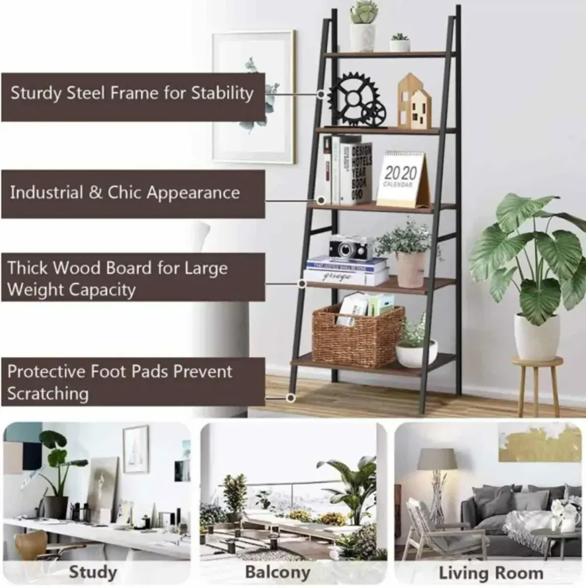 Hivvago 5 Tier Leaning Bookshelf Wood Metal Bookcase