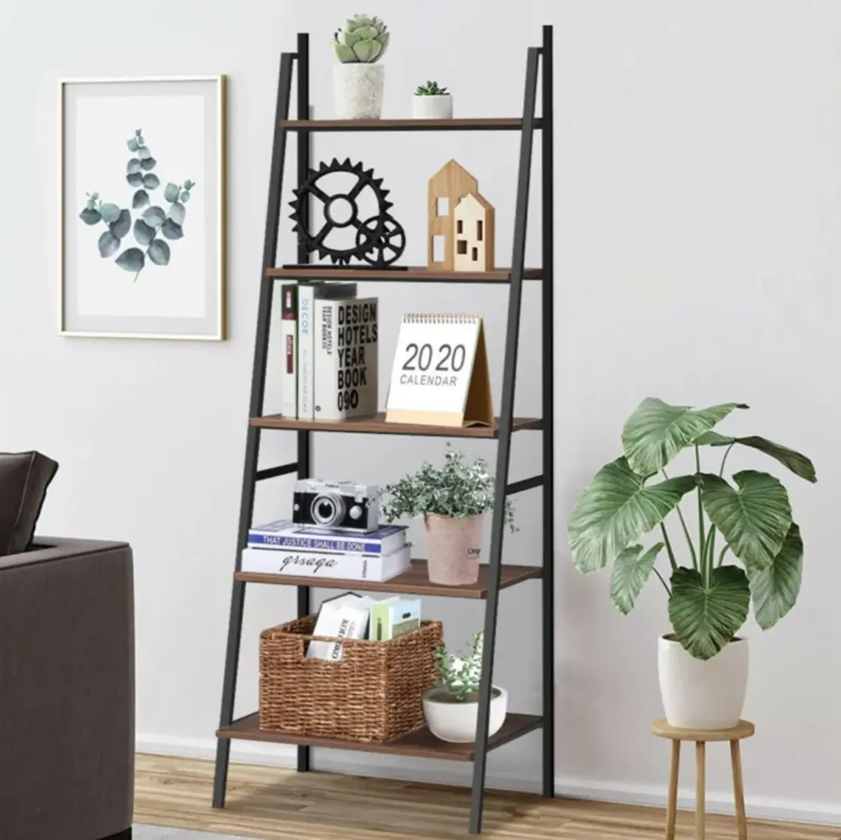 Hivvago 5 Tier Leaning Bookshelf Wood Metal Bookcase