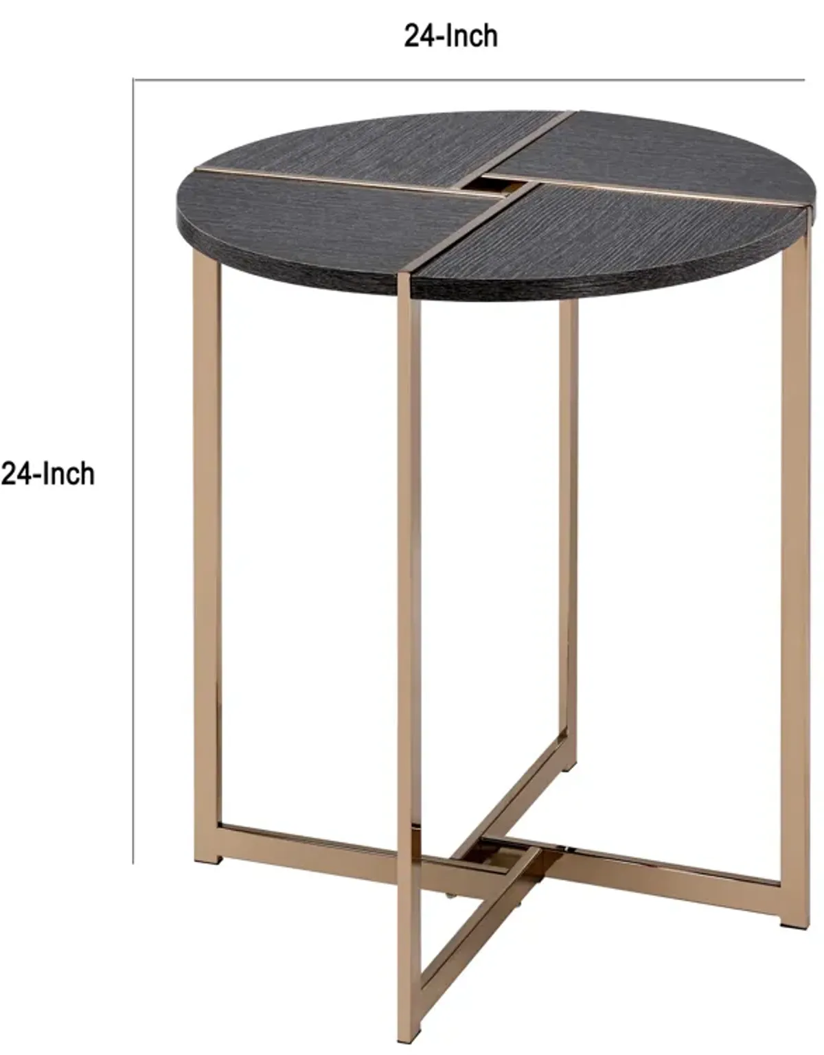 End Table with X Shaped Metal Base and Round Wooden Top, Gold and Gray-Benzara