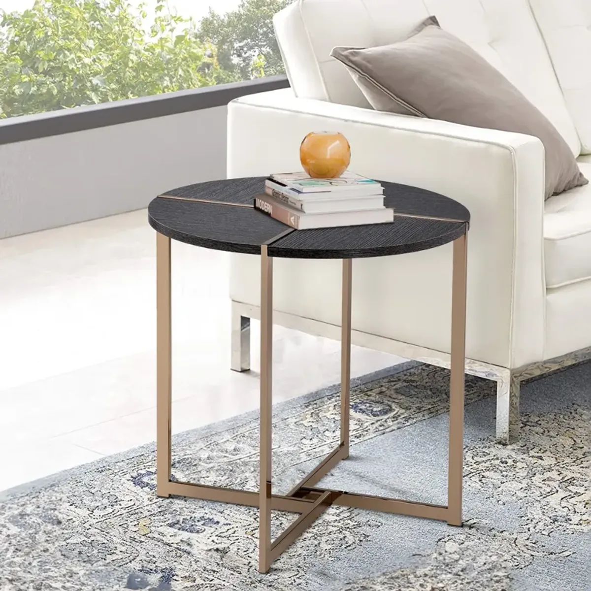 End Table with X Shaped Metal Base and Round Wooden Top, Gold and Gray-Benzara