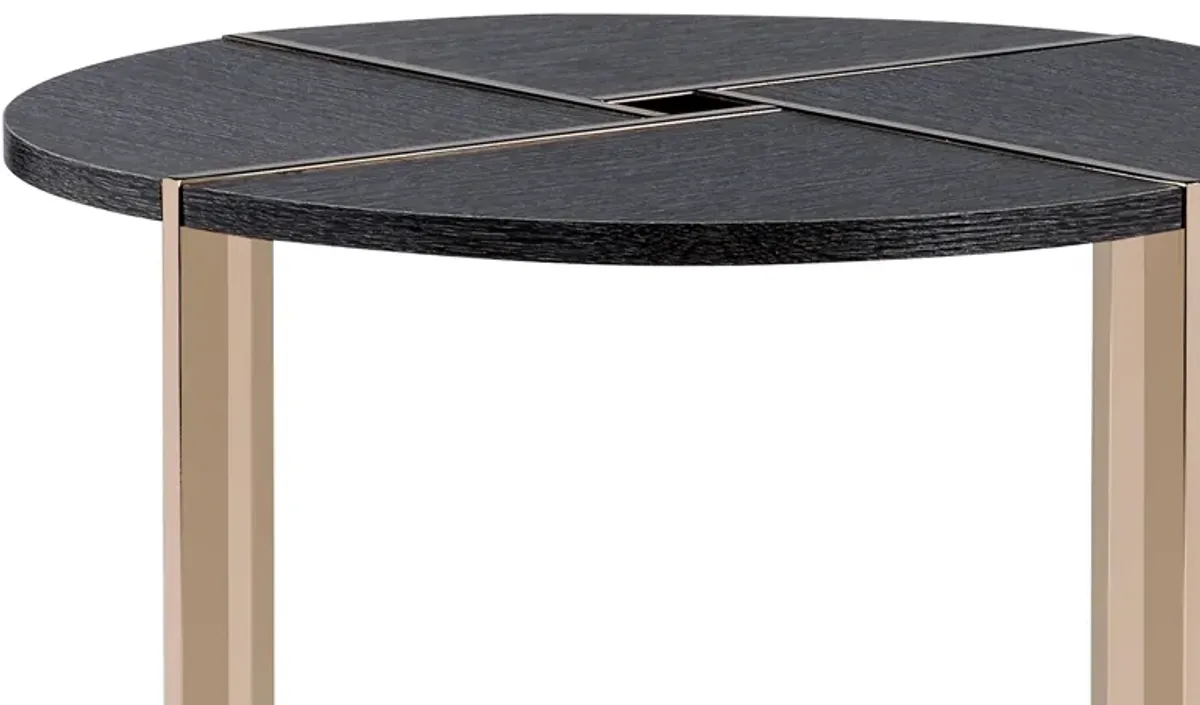 End Table with X Shaped Metal Base and Round Wooden Top, Gold and Gray-Benzara