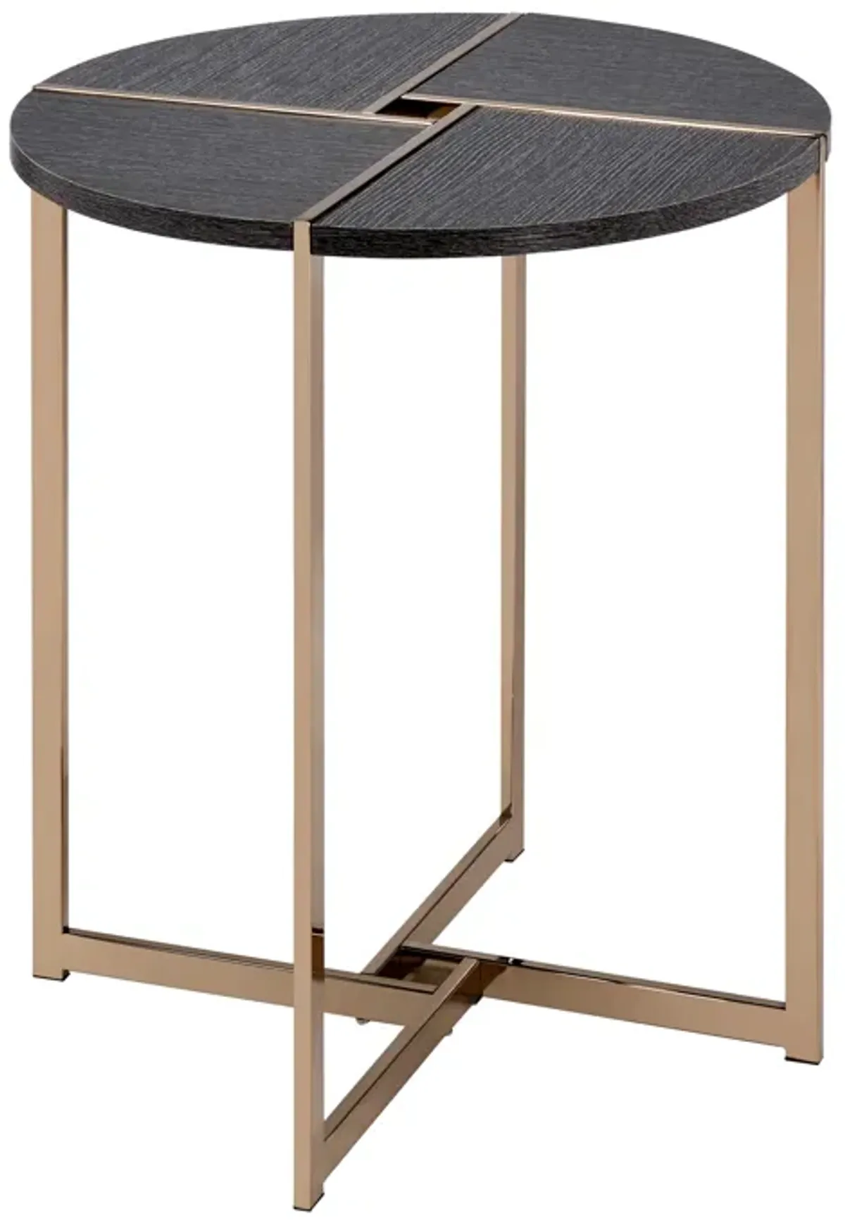 End Table with X Shaped Metal Base and Round Wooden Top, Gold and Gray-Benzara