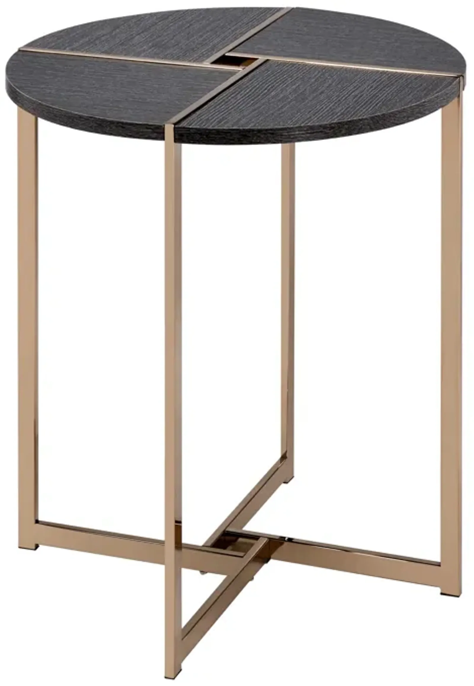 End Table with X Shaped Metal Base and Round Wooden Top, Gold and Gray-Benzara