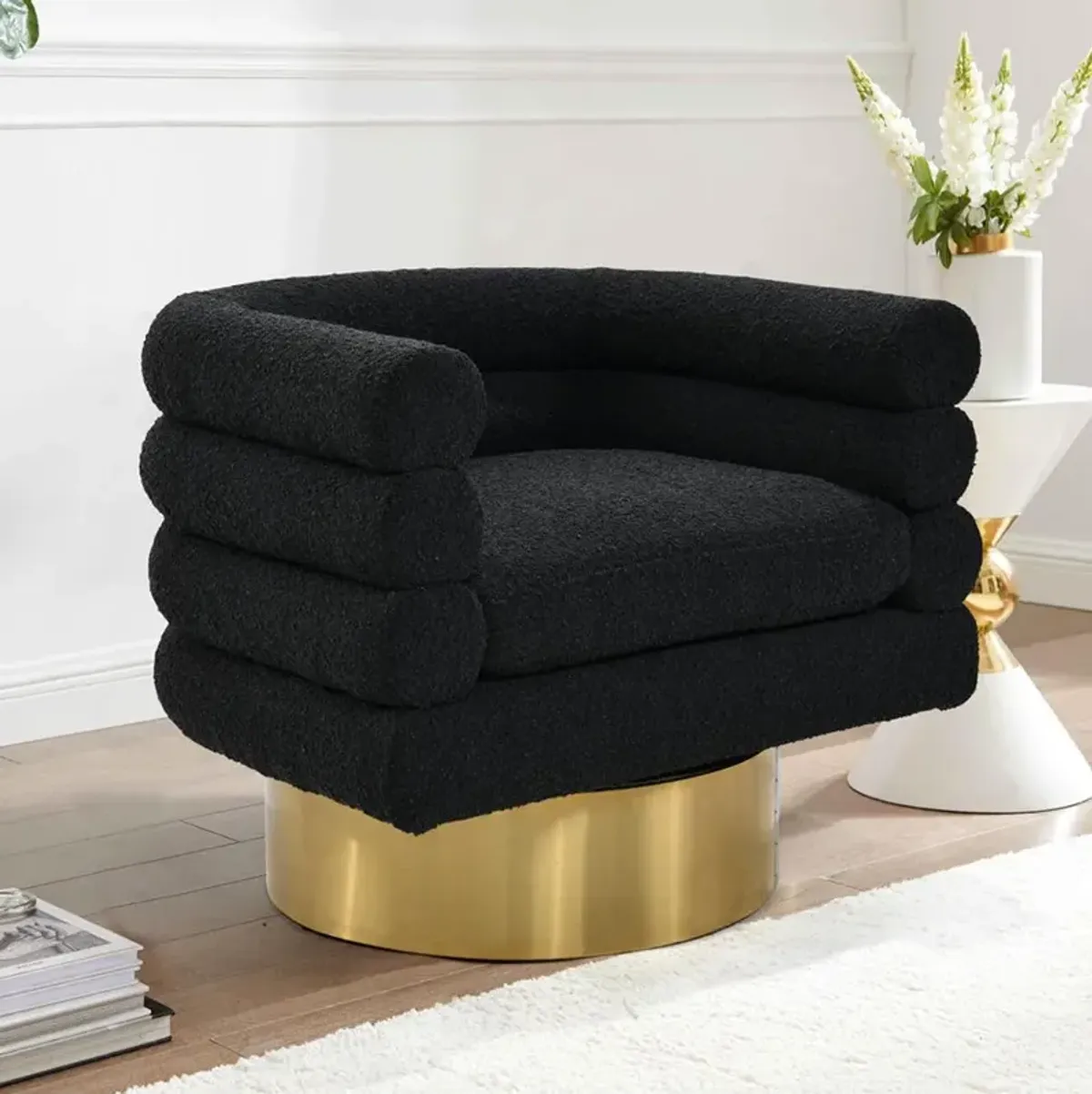 Best Master Furniture Sophos Black Boucle Fabric with Gold Base Swivel Accent Chair